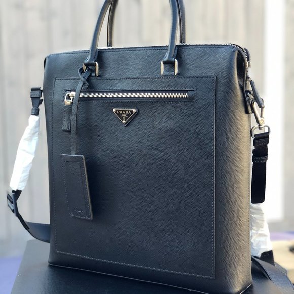 Men's Black Leather Tote with External Zipper - Picture 1 of 8